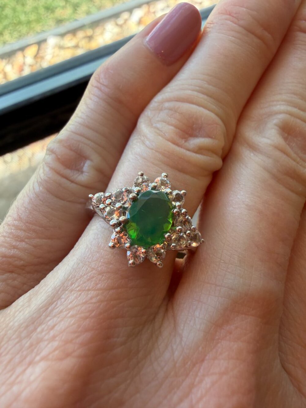 TGGC Sterling Silver White Topaz & Green Stone Ring